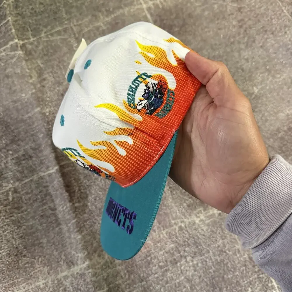 NWT Men's Vintage 90's Charlotte Hornets On Fire All Over Print Snapback Hat Cap